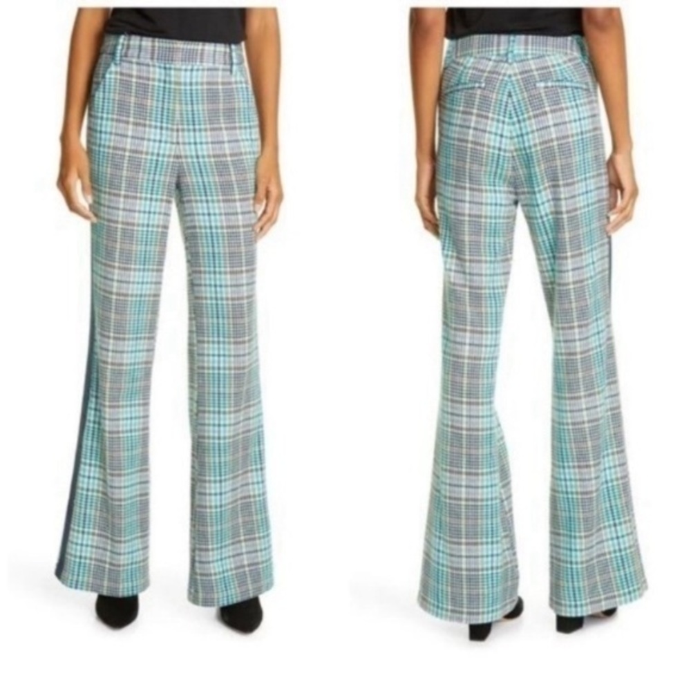 Tanya Taylor Teal Blue Plaid Boot-Cut Pants